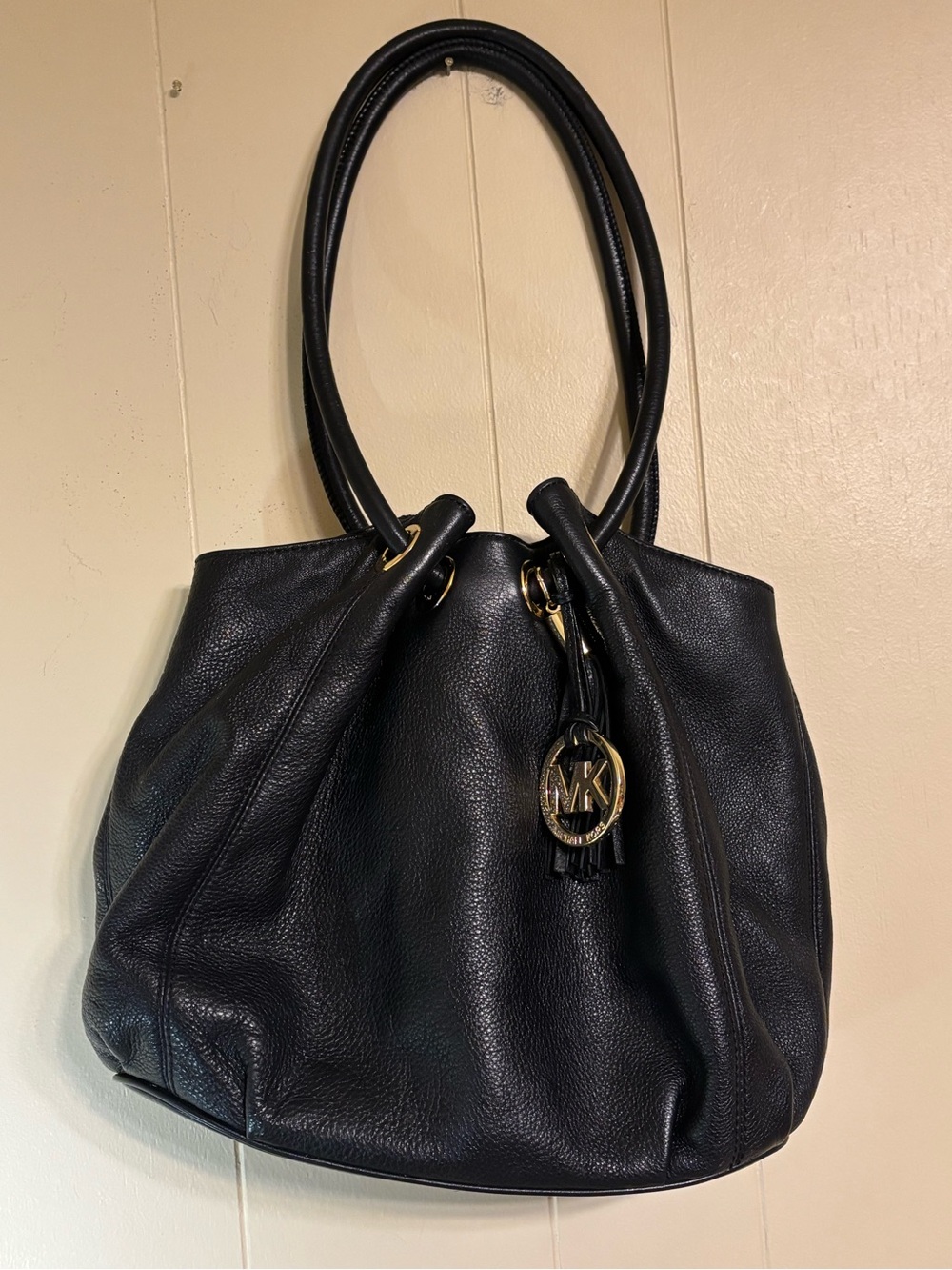 Michael Kors Black Pebbled Leather Shoulder Bag with Gold MK Charm